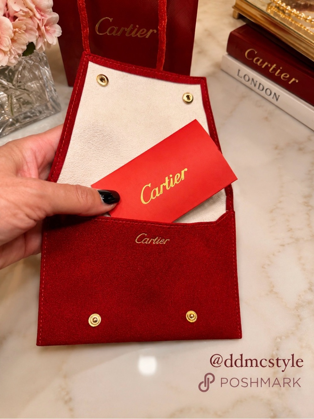 Cartier 3 piece~ Red Velvet Jewelry Sleeve with Gold Hardware, Gift Bag + Card